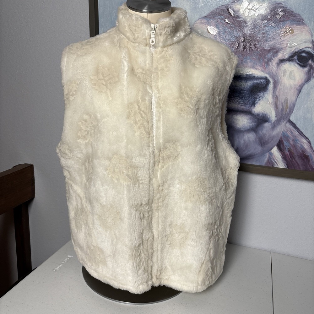 Coldwater Creek Women's L Cream Leaf Floral Fur Fleece‎ Jacket Vest Made In USA